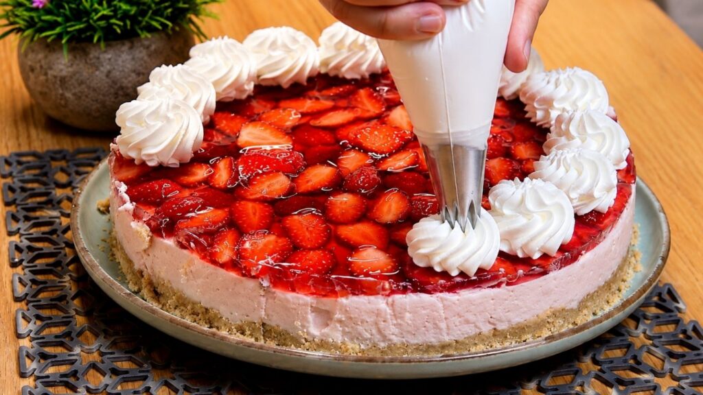 Piping whipped cream rosettes on top of a no-bake strawberry yogurt cake, then finishing each swirl with a fresh strawberry half.