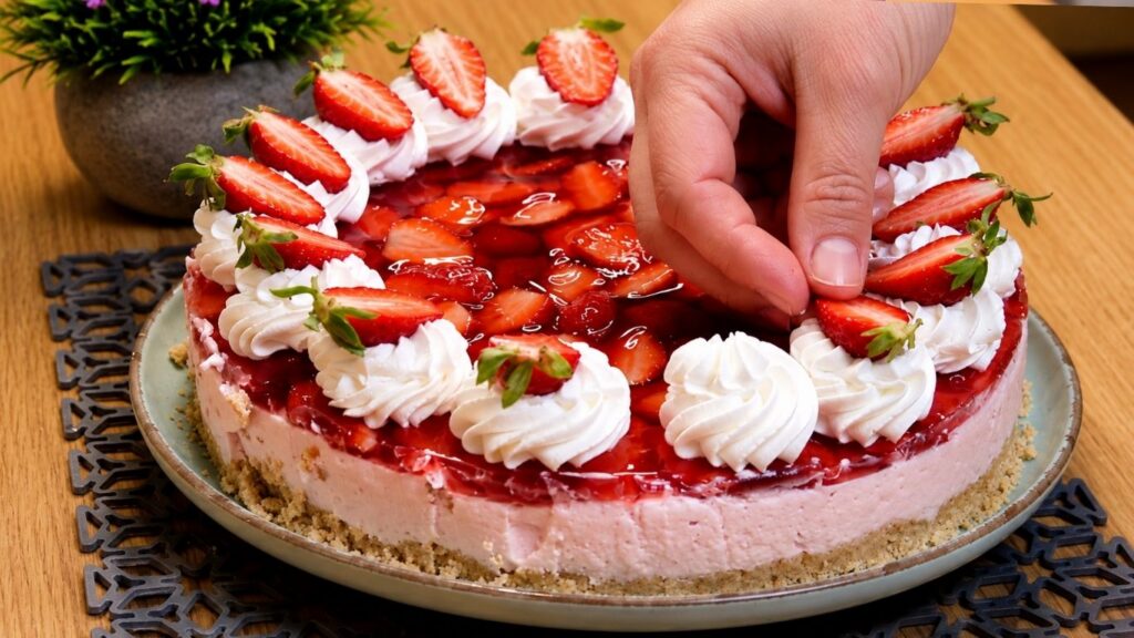Piping whipped cream rosettes on top of a no-bake strawberry yogurt cake, then finishing each swirl with a fresh strawberry half.