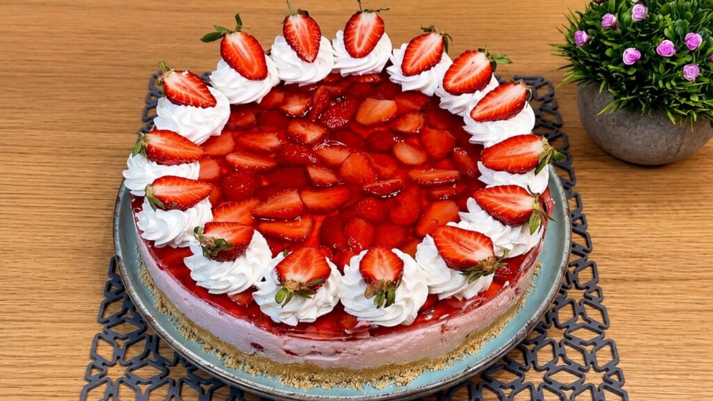 Finished no-bake strawberry yogurt cake on a turquoise cake stand, topped with a glossy strawberry layer and decorated with whipped cream rosettes and fresh strawberry halves on a light marble background.