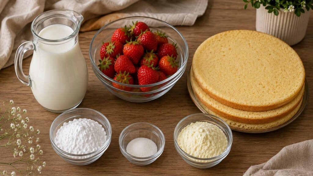 Easy strawberry cake ingredients including fresh strawberries, vanilla cream powder, milk, sugar, vanilla sugar, and vanilla wafer cake layers on a kitchen table