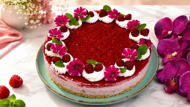 Easy no bake raspberry yogurt cake recipe with flowers and raspberries