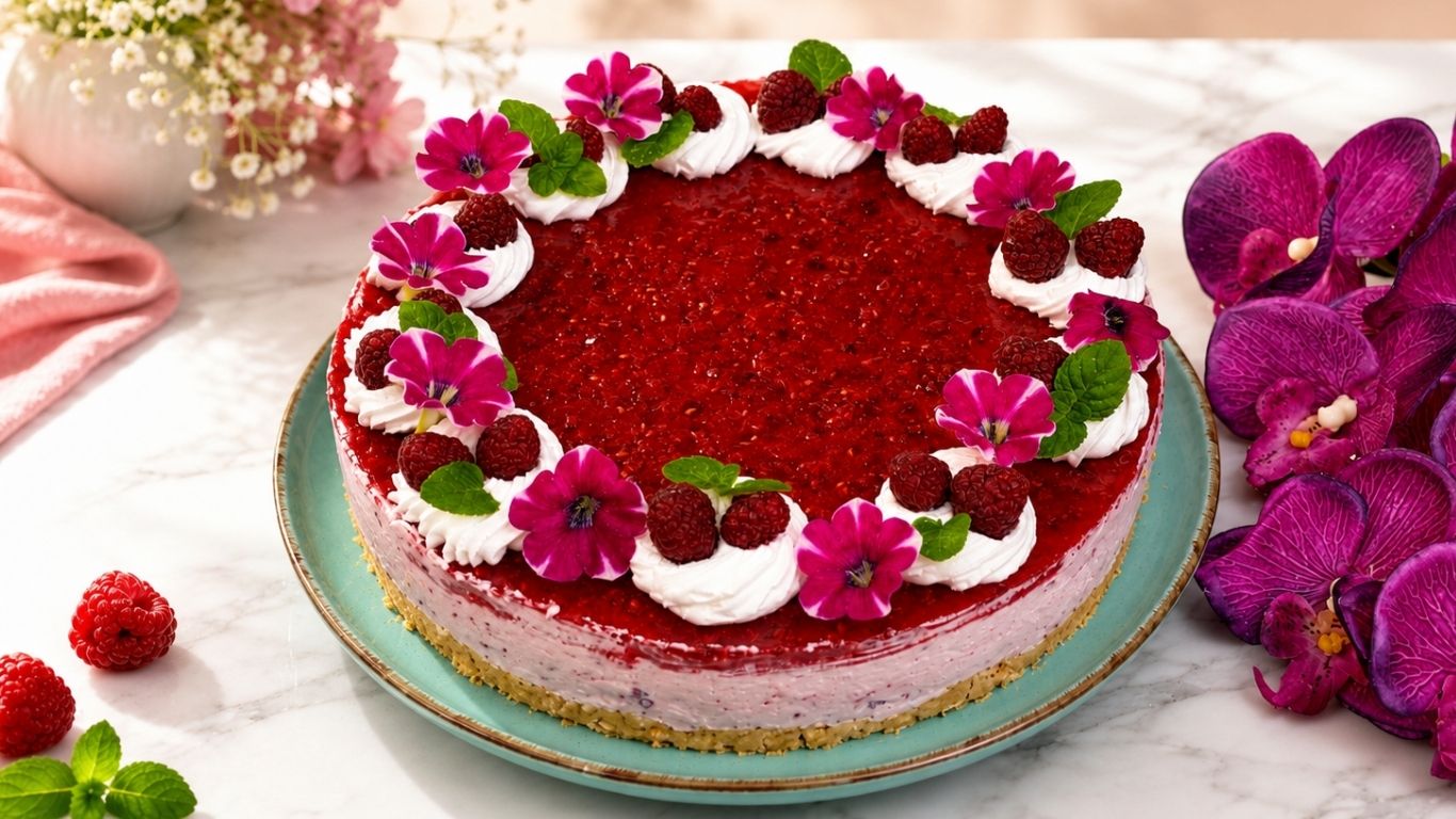 Easy no bake raspberry yogurt cake recipe with flowers and raspberries