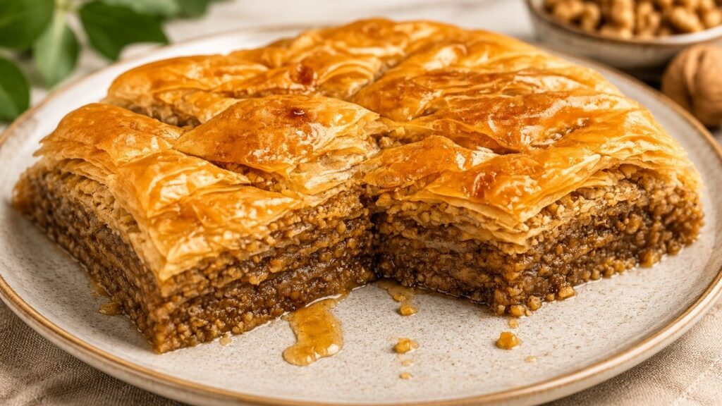 Crispy and juicy baklava recipe with golden phyllo layers, rich walnut filling, and sweet syrup served on a plate.