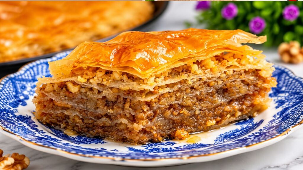 Piece of crispy and juicy baklava on a plate with golden phyllo layers and walnut filling.