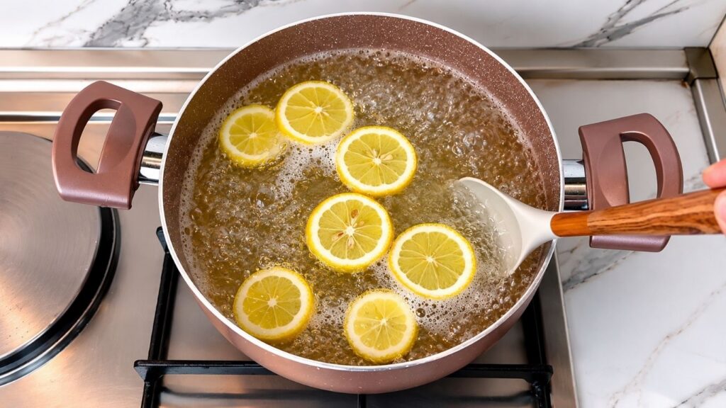 Cooked sugar syrup with lemon slices ready to pour over homemade baklava.