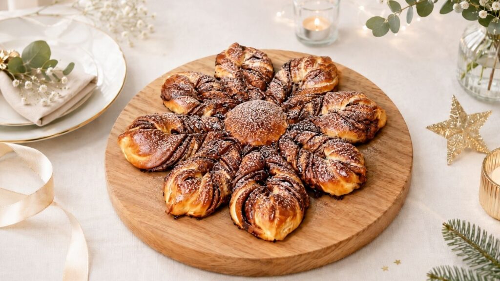 Easy chocolate star bread on a wooden board with powdered sugar, chocolate filling, and elegant holiday decorations.