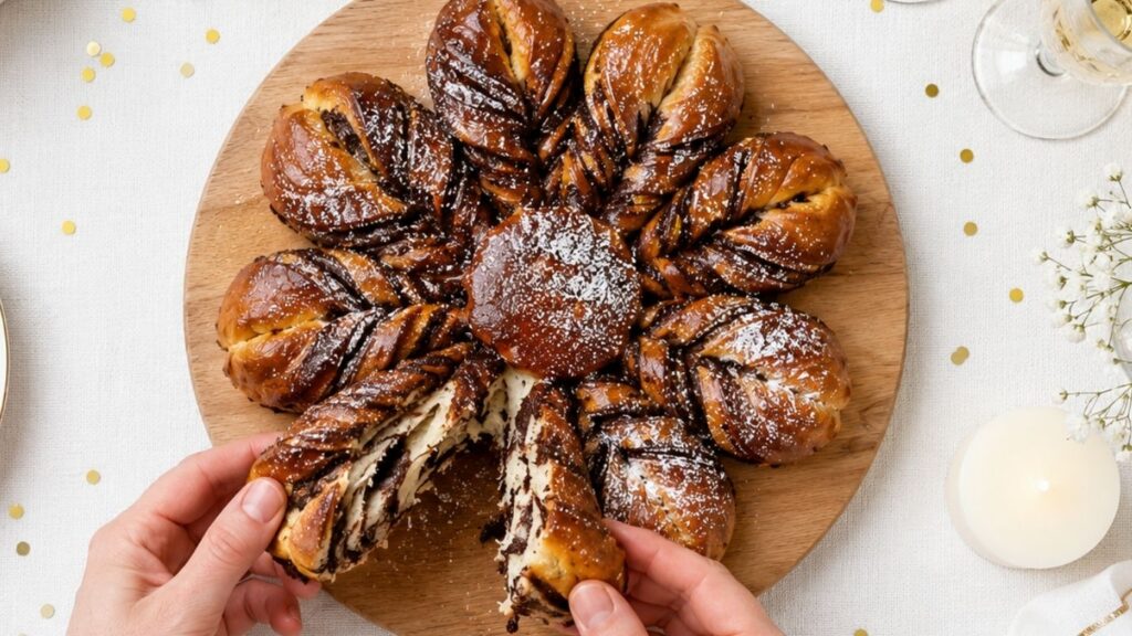 Pulling a soft piece of baked chocolate star bread from a rustic wooden board, showing the rich Nutella filling