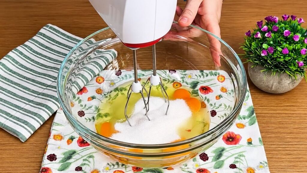 Whipping room-temperature eggs and sugar until light and fluffy for a soft and moist chocolate sponge cake batter.