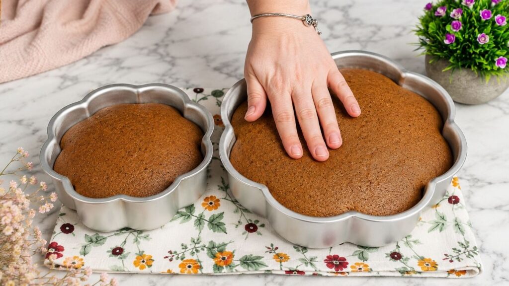 Freshly baked chocolate sponge cake layers in a baking pan, soft, moist, and ready to cool before slicing and filling.