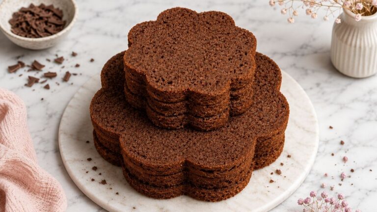 Stacked moist chocolate cake layers on a marble plate with chocolate shavings and soft floral decorations, perfect for making a layered chocolate cake.