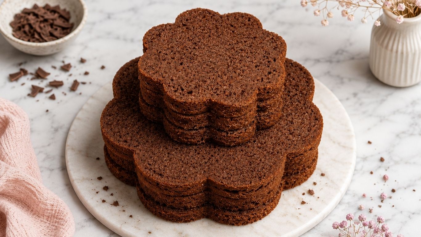 Stacked moist chocolate cake layers on a marble plate with chocolate shavings and soft floral decorations, perfect for making a layered chocolate cake.