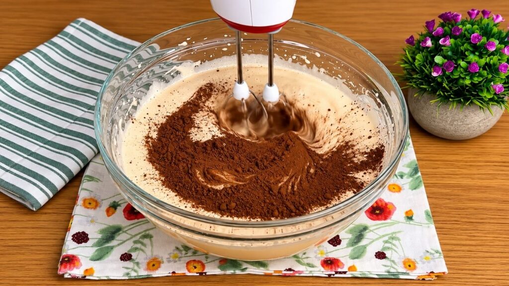 Adding cocoa powder to the whipped eggs and sugar mixture for a rich and moist chocolate sponge cake batter.