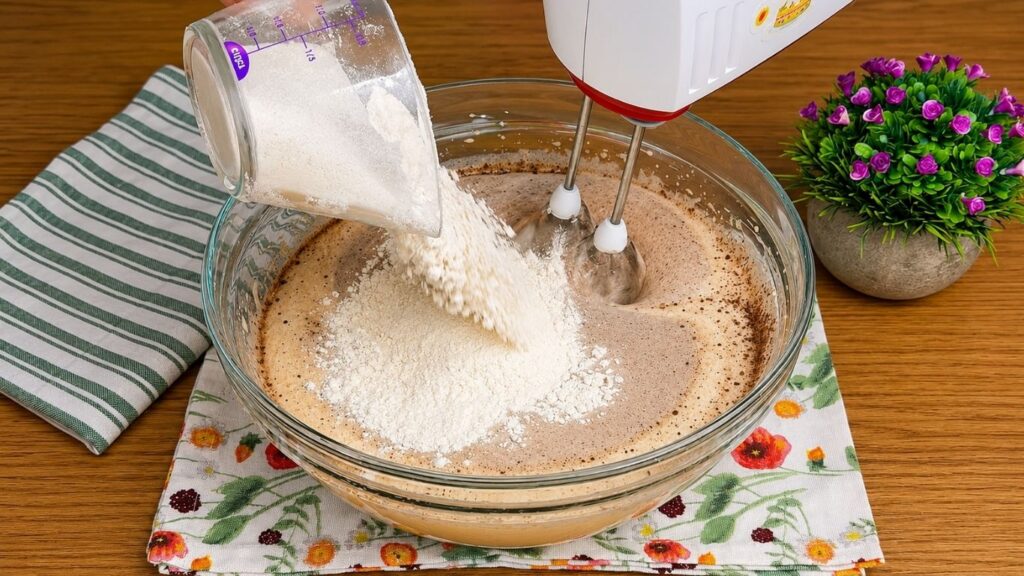 Adding flour to the chocolate sponge cake batter and gently mixing until smooth, soft, and ready for baking.