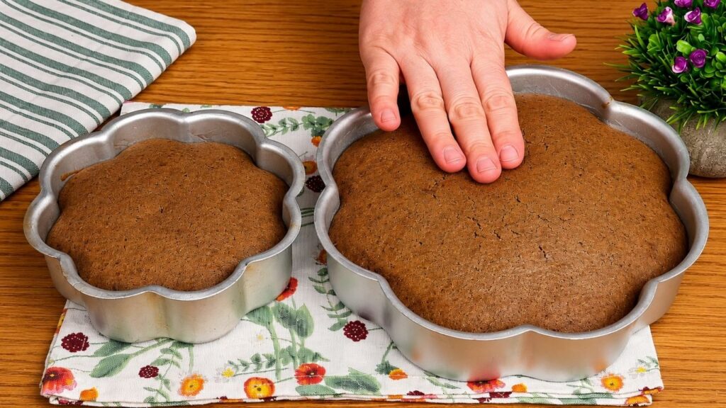 Baked chocolate sponge cake layers in cake pans, soft, moist, and ready to cool before slicing and filling.