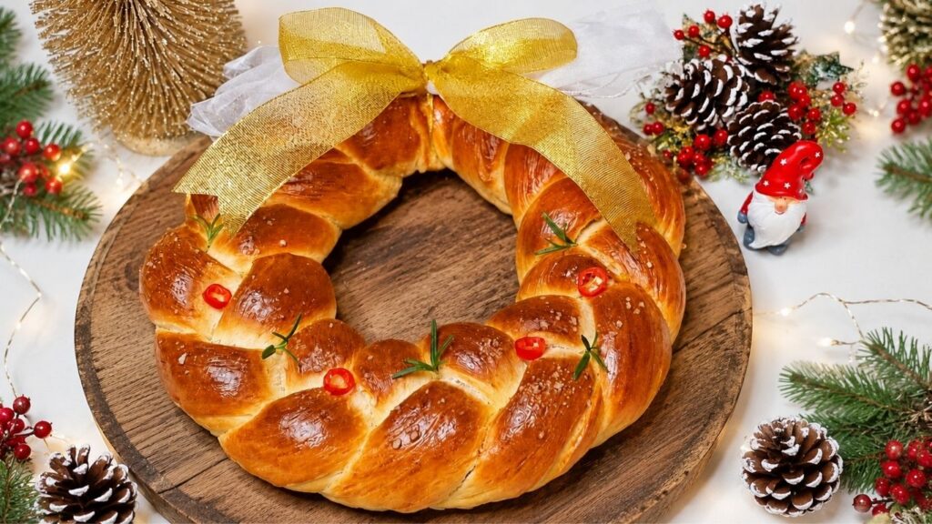 Christmas bread wreath served on a wooden board.