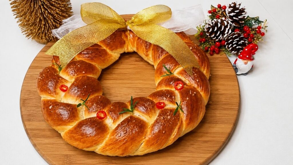 Soft golden Christmas bread wreath served on a holiday table.