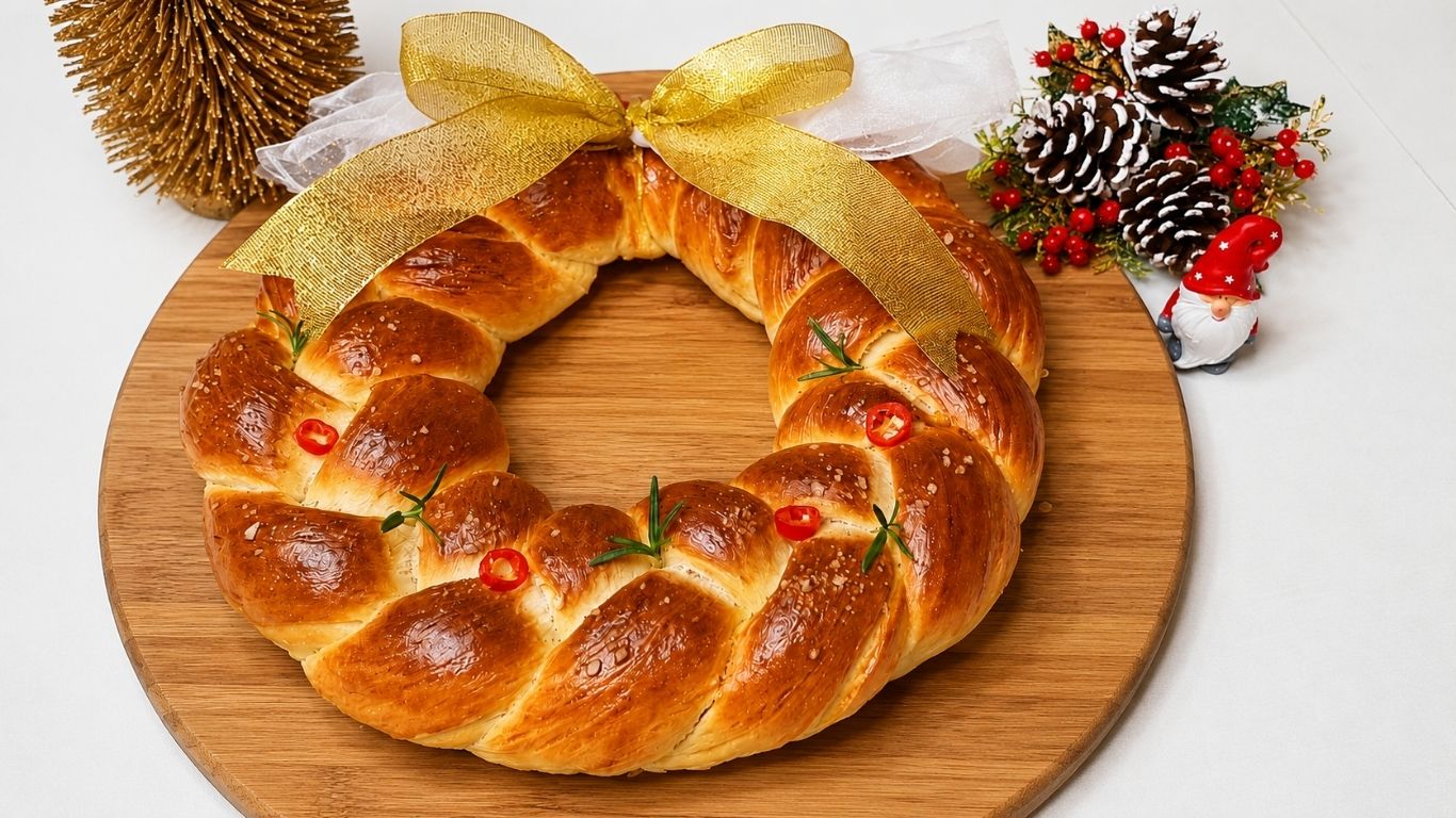 Top-down view of a golden, braided bread wreath decorated with rosemary sprigs, sesame seeds, and red chili slices, tied with a shimmering gold ribbon and surrounded by evergreen branches, red berries, a pinecone, and a lit candle on a neutral tablecloth, perfect for a Christmas holiday table.