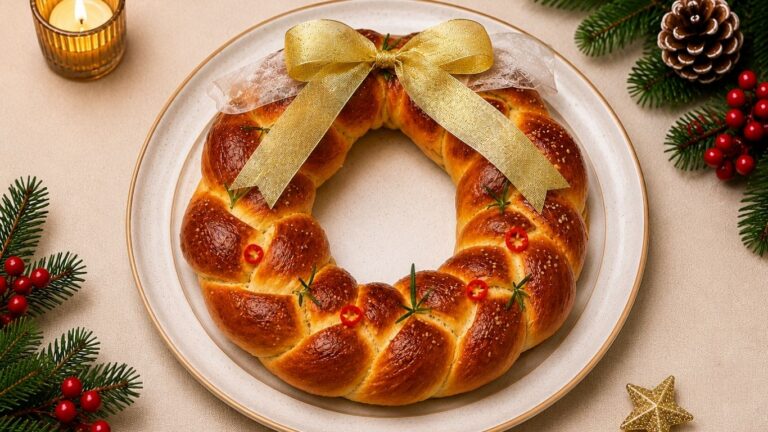 Top-down view of a golden, braided bread wreath decorated with rosemary sprigs, sesame seeds, and red chili slices, tied with a shimmering gold ribbon and surrounded by evergreen branches, red berries, a pinecone, and a lit candle on a neutral tablecloth, perfect for a Christmas holiday table.