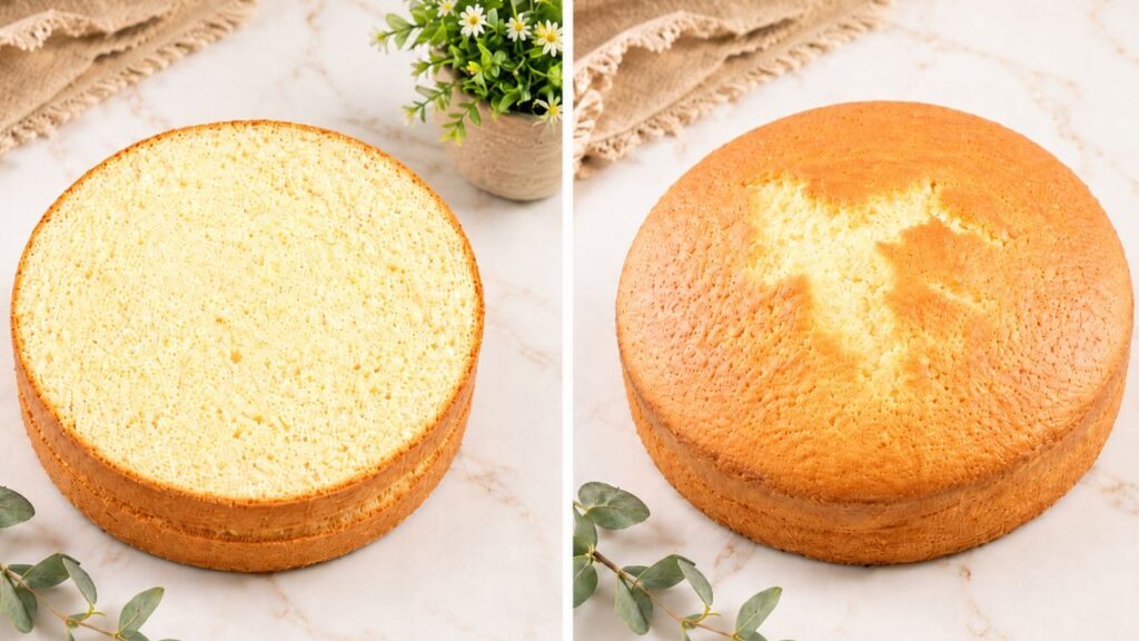 Side-by-side view of a freshly baked vanilla sponge cake-one perfectly leveled layer and one whole golden-brown cake-on a marble countertop with a small pot of daisies in the background.
