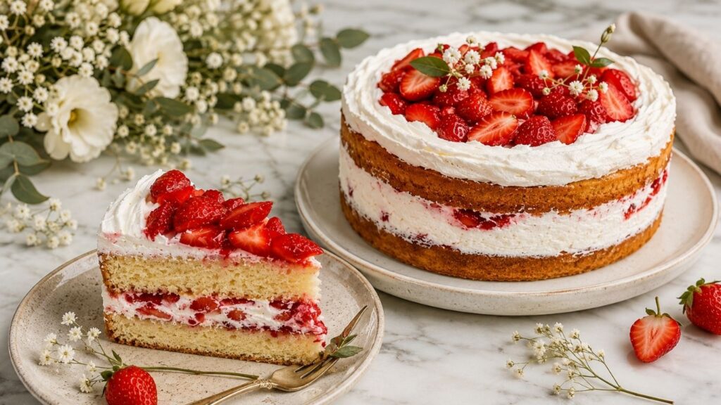 Homemade strawberry sponge cake on a decorated table with a creamy slice served on a plate next to the cake