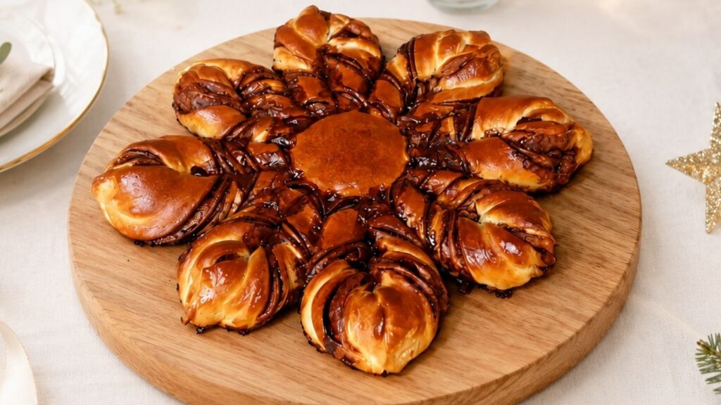 Baked chocolate star bread served on a rustic wooden board, dusted with powdered sugar