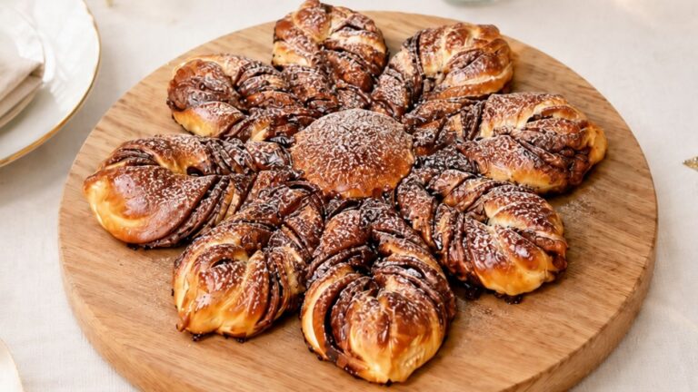 Easy chocolate star bread on a wooden board, dusted with powdered sugar and filled with rich chocolate.