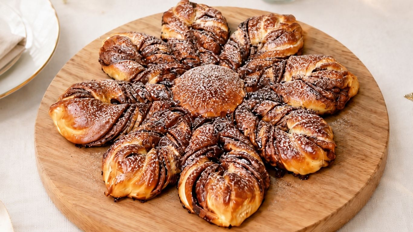 Easy chocolate star bread on a wooden board, dusted with powdered sugar and filled with rich chocolate.
