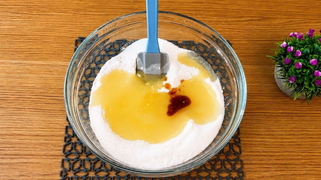 Wet ingredients being added to the dry ingredients for a soft vanilla sponge cake batter.