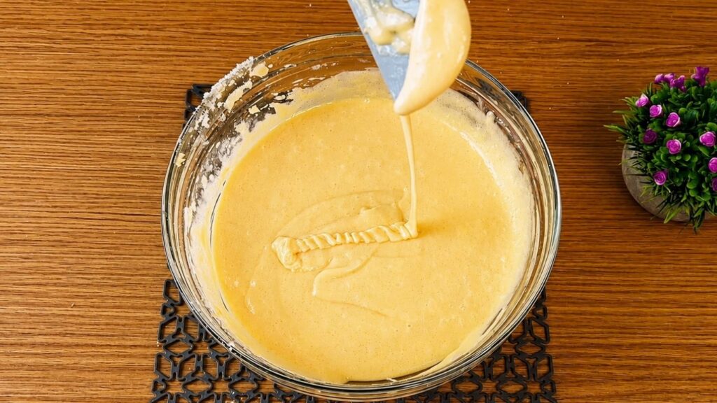 Smooth vanilla sponge cake batter ready to be poured into the cake pan.