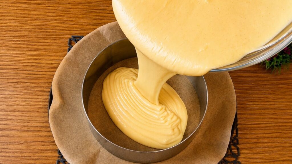 Pouring vanilla sponge cake batter into a prepared round cake pan.