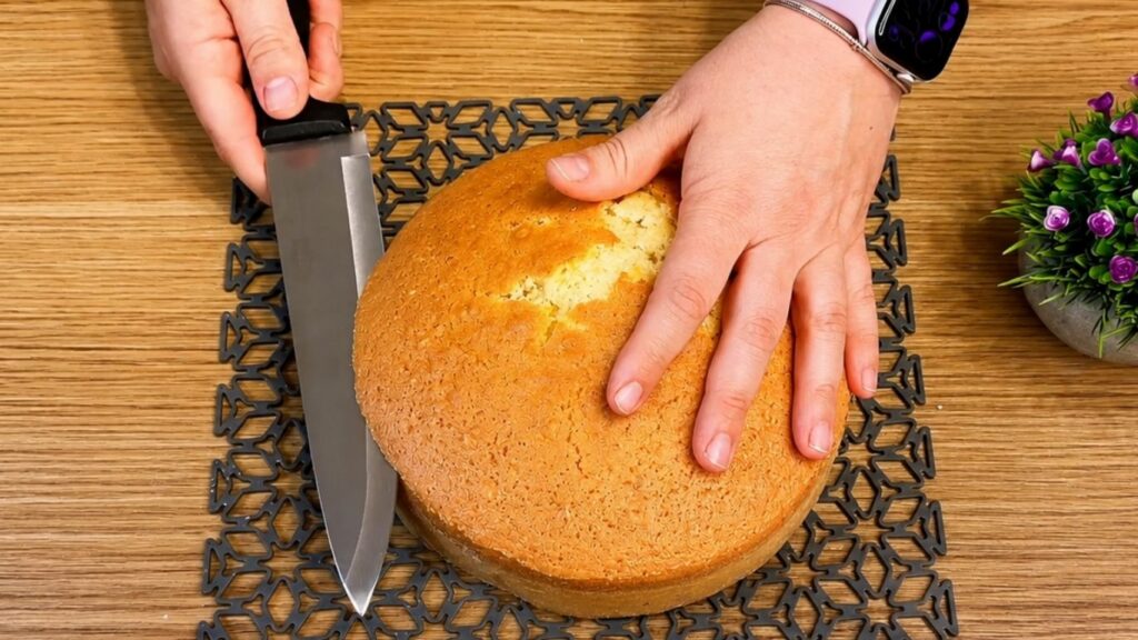 Cutting a baked vanilla sponge cake layer with a knife to create even cake layers.
