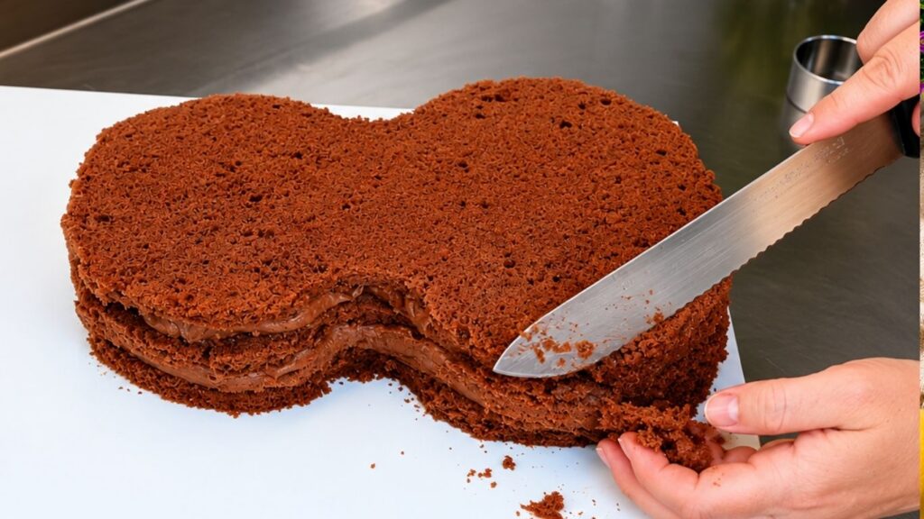 Shaping a chocolate cake into the basic violin shape for a realistic 3D violin cake tutorial.