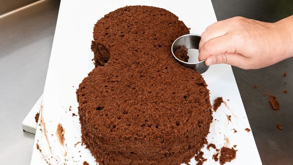 Shaping a chocolate cake into the basic violin shape for a realistic 3D violin cake tutorial.