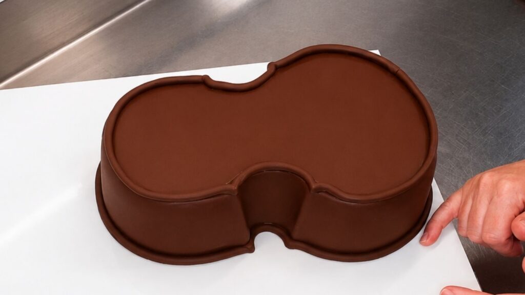 Creating raised fondant edges around the violin body to add realistic detail to a 3D violin cake.