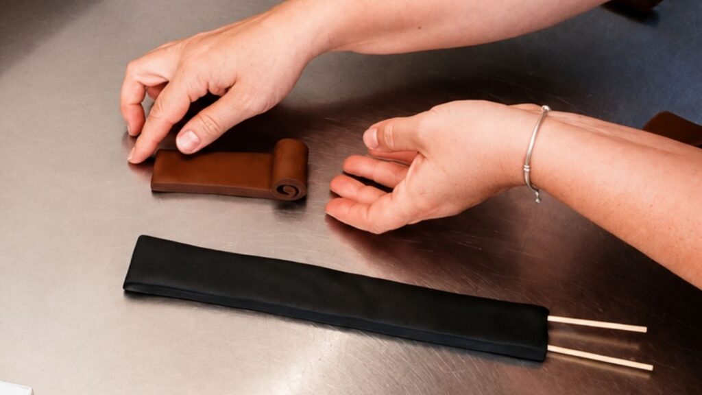 Adding fondant details to the violin body to make the realistic 3D violin cake look more lifelike.