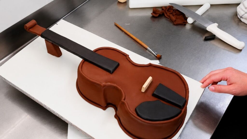 Adding fondant details to the violin body to make the realistic 3D violin cake look more lifelike.
