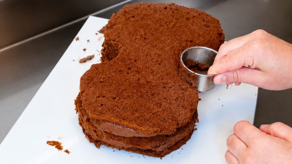 Shaping a chocolate cake into the basic violin shape for a realistic 3D violin cake tutorial.