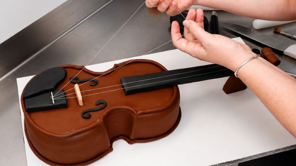 Realistic violin cake in progress with edible strings being carefully placed over the fondant violin body and detailed 3D cake decorations.
