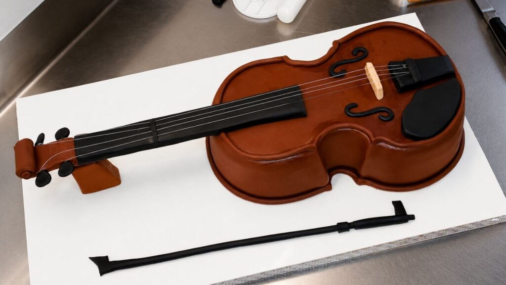 Adding the fondant violin bow to the realistic 3D violin cake for the final instrument detail.