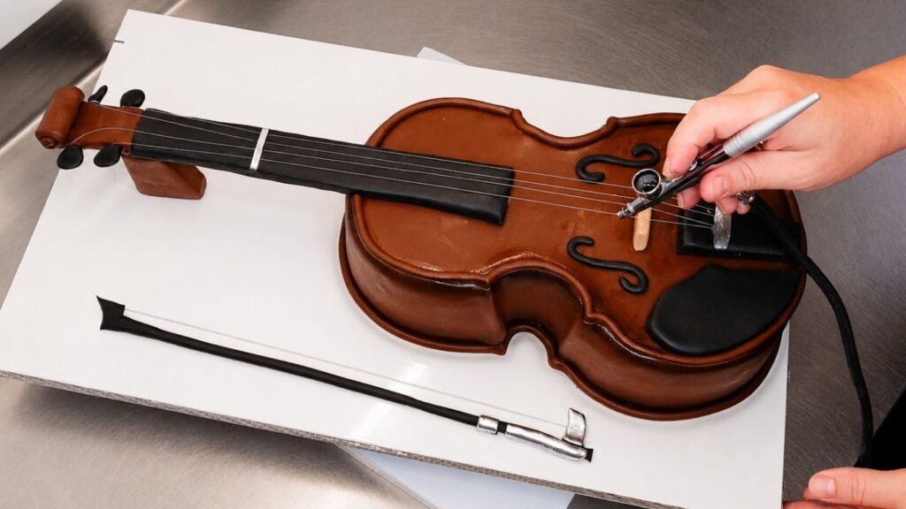 Airbrushing the violin cake to add shading, depth, and a realistic wood-effect finish.