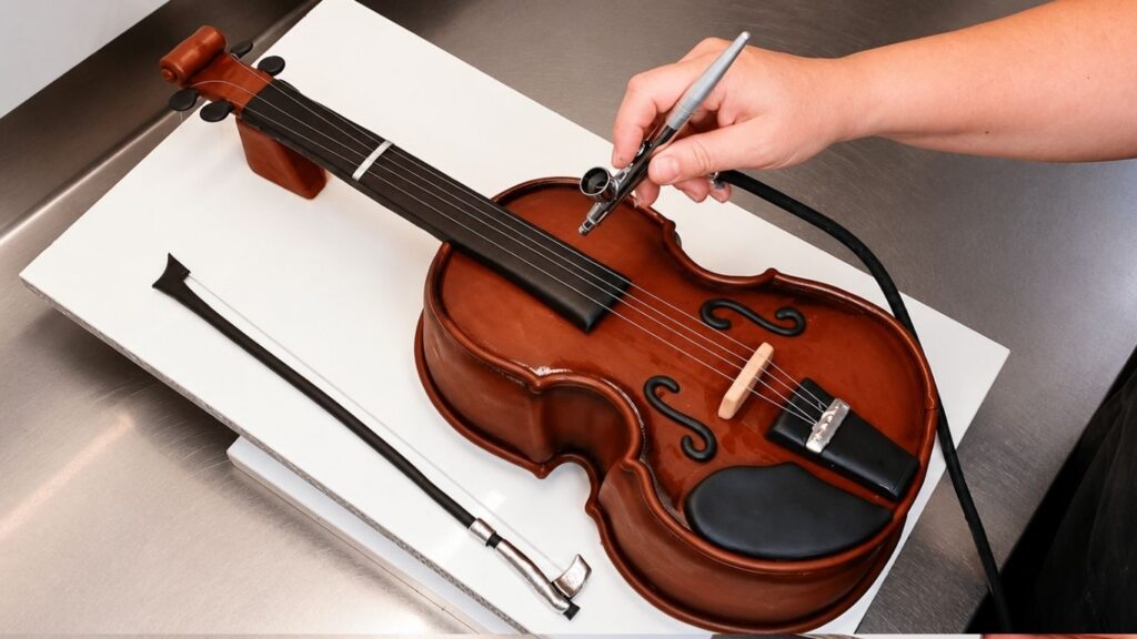 Airbrushing the violin cake to add shading, depth, and a realistic wood-effect finish.