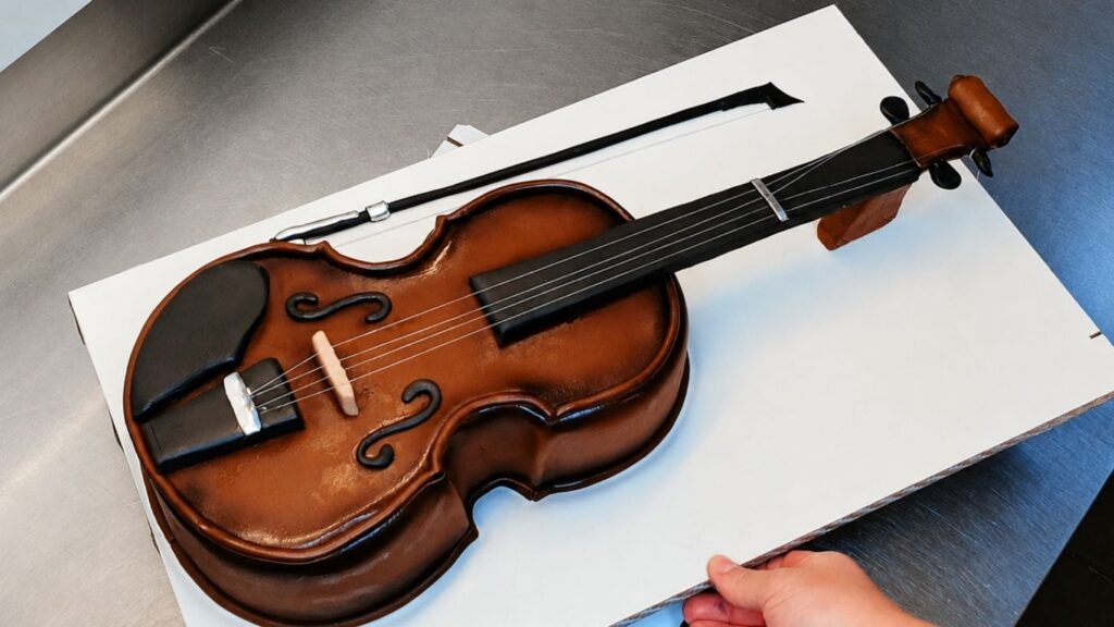 Realistic 3D violin cake with fondant details, strings, bow, silver accents, and airbrush wood-effect shading.