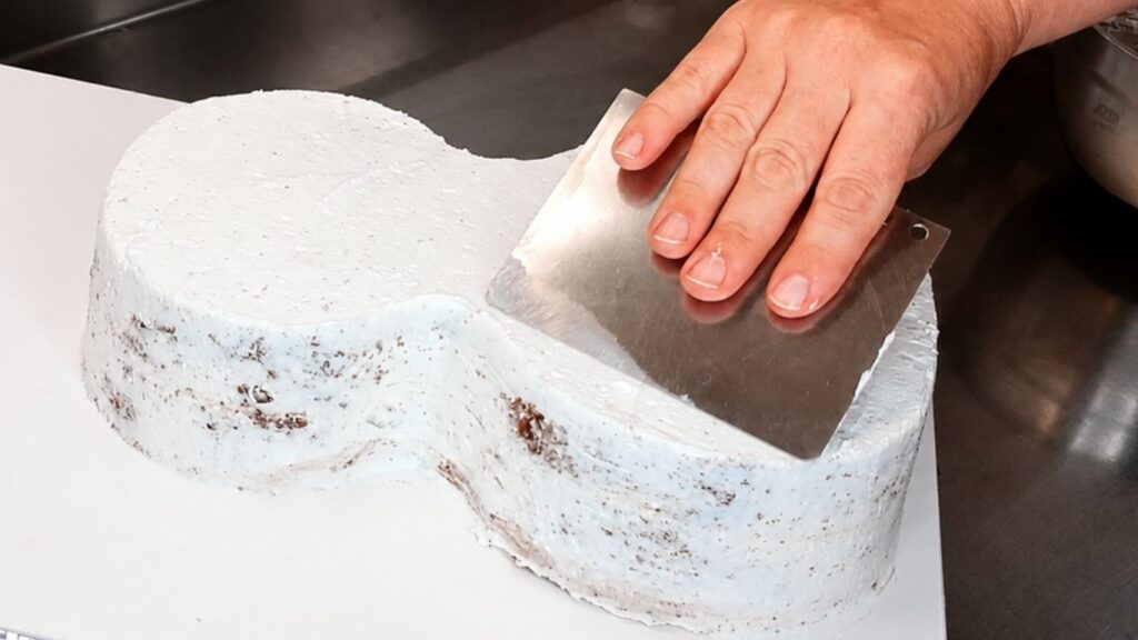 Applying buttercream to the carved chocolate cake base before covering the 3D violin cake with fondant.