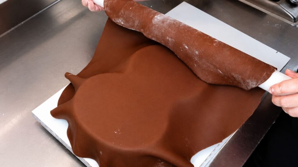 Covering the carved chocolate cake with brown fondant to create the base of a realistic 3D violin cake.