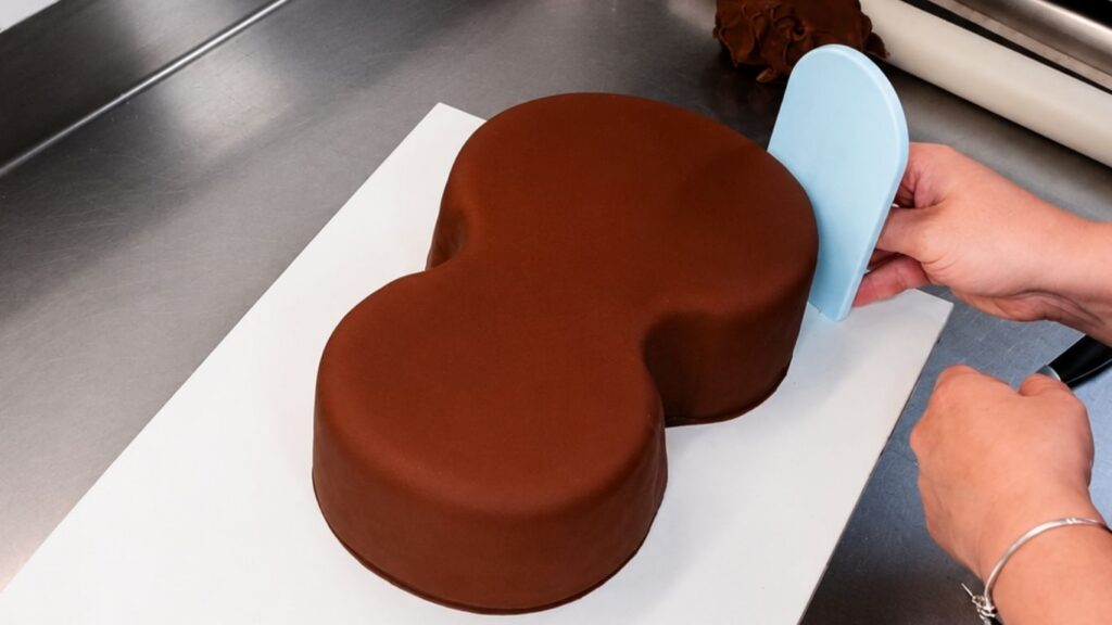 Smoothing brown fondant over the carved cake to create a clean base for a realistic 3D violin cake.