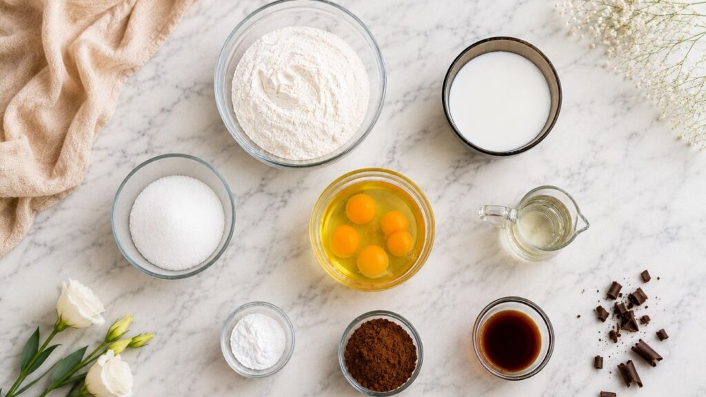 Ingredients for moist chocolate sponge cake arranged on a table, including eggs, flour, cocoa powder, sugar, milk, oil, baking powder, and vanilla extract.