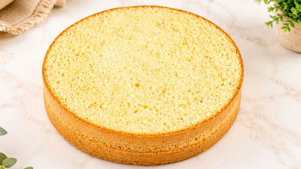 Close-up of a single leveled vanilla sponge cake layer showing its airy crumb and golden edge on a marble surface.