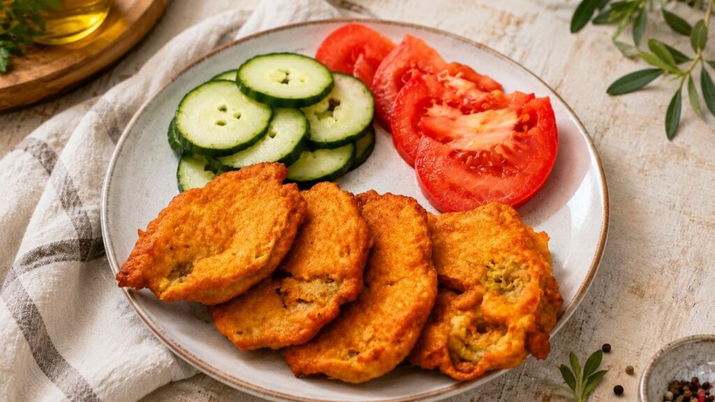 Breaded fried eggplant slices served on a plate with fresh cucumber and tomato slices.
