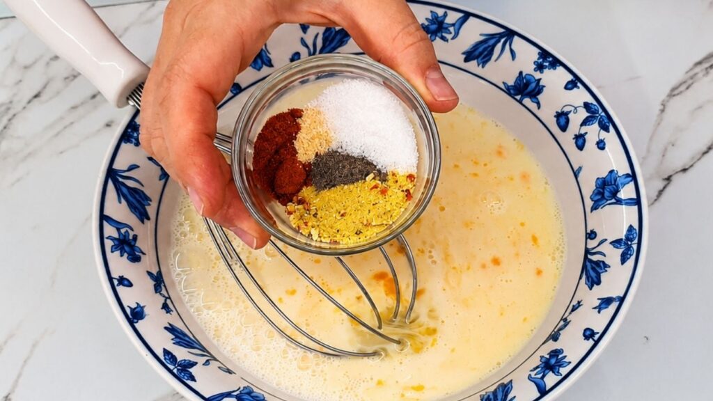 Adding seasonings and flour to the egg and milk mixture for breaded eggplant.