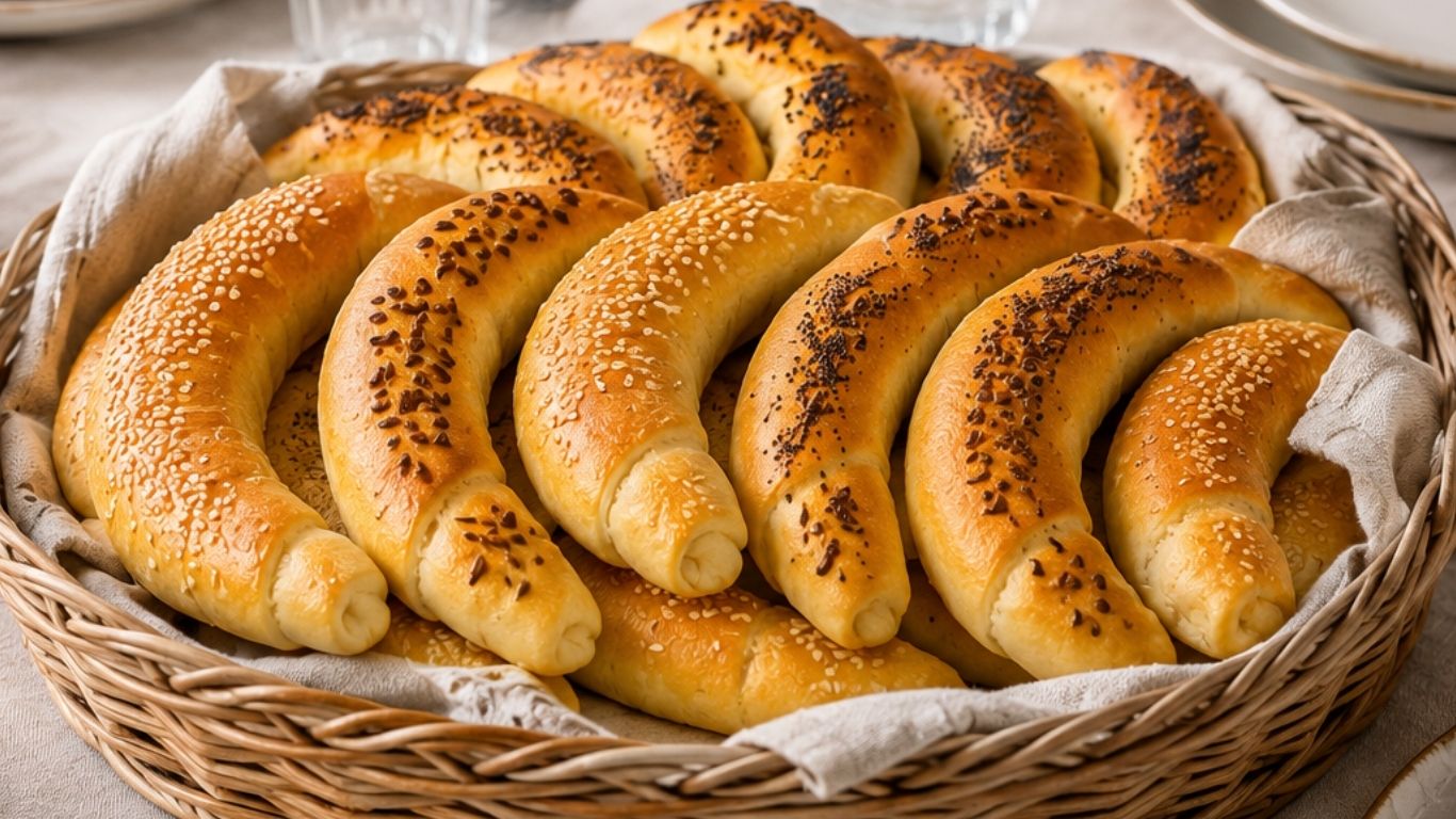 Soft homemade crescent rolls topped with sesame, flax, and poppy seeds in a wicker basket
